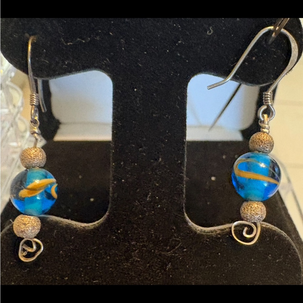 Handcrafted Blue Glass Bead Sterling Silver Drop Earrings with Accents